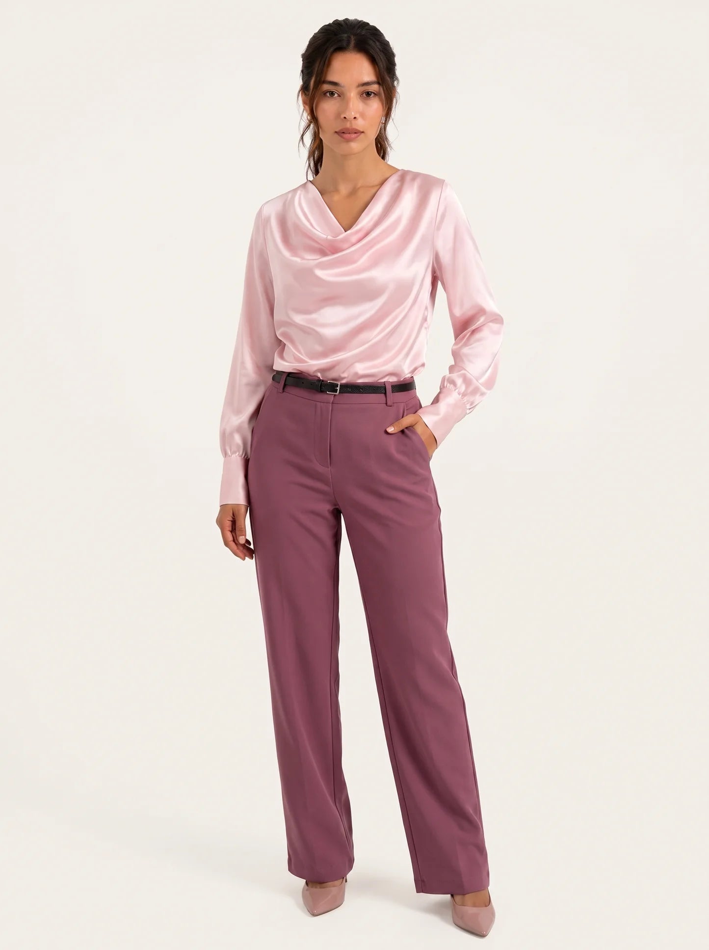 Boss Bella - Korean Cowl Neck Shirt (Pink) with High-waist Fit-It pants (Mauve)