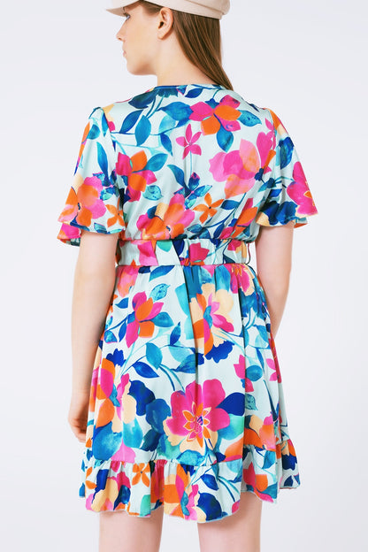 Belted Soft Satin Dress With Flower Print