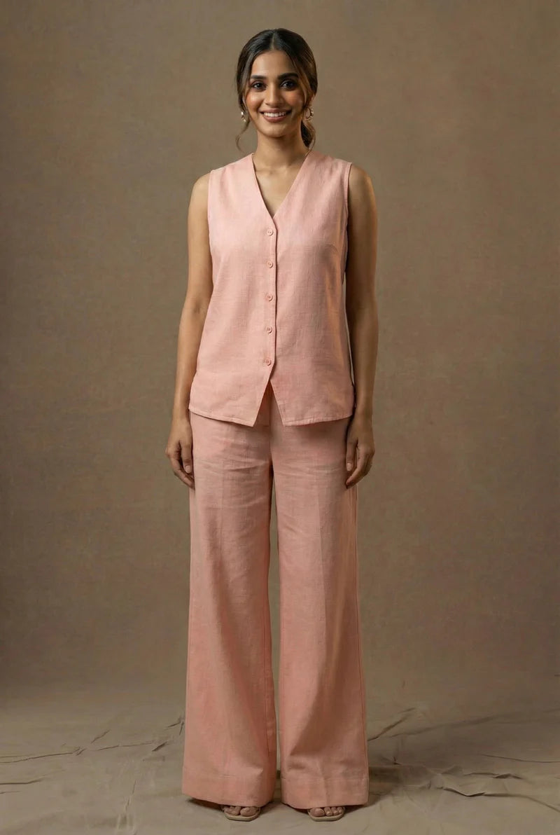GuiltAndClass - ENGLISH ROSE LINEN CO-ORD SET  Cotton-Linen Co-ord Set with Relaxed V-Neck Top and Wide-Leg Trousers