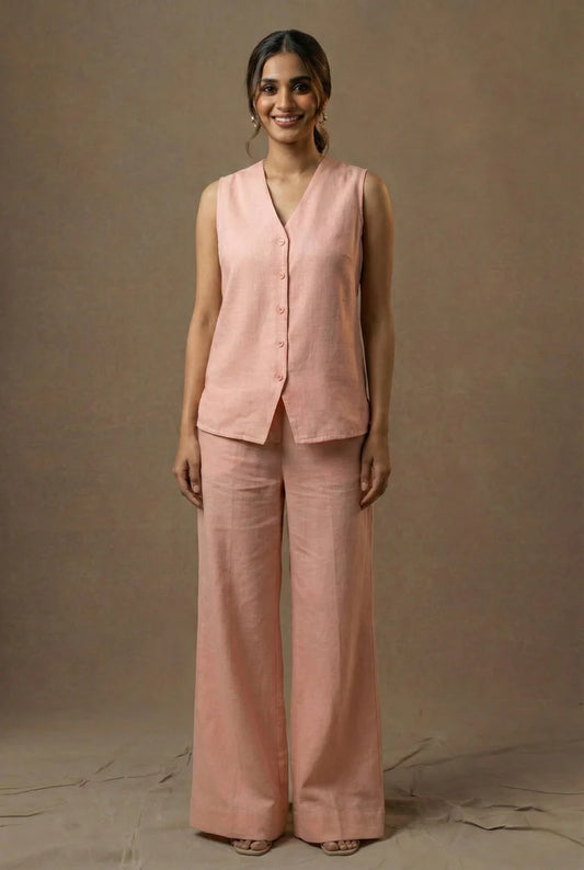 GuiltAndClass - ENGLISH ROSE LINEN CO-ORD SET  Cotton-Linen Co-ord Set with Relaxed V-Neck Top and Wide-Leg Trousers