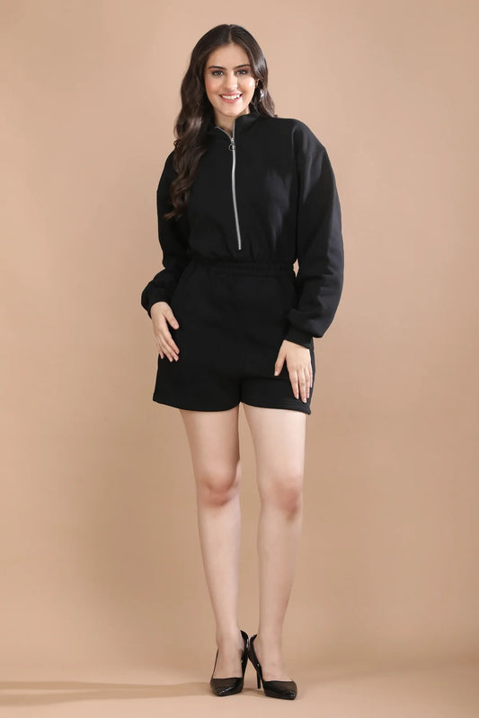 GuiltAndClass - SHADOW STATE ROMPER  Heavyweight Cotton Fleece Romper with Elastic Waist and Half-Zip Neck