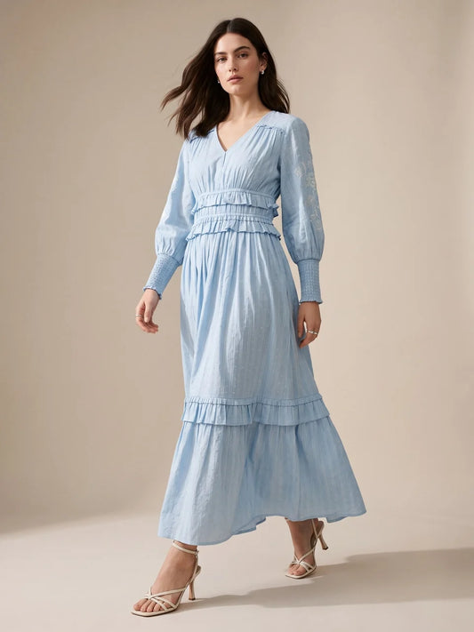 Outzidr - Blue Fit & Flare Ruffle Detail Embroidered Cotton Dress