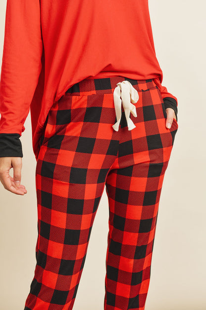 Solid Top and Plaid Joggers Set With Self Tie