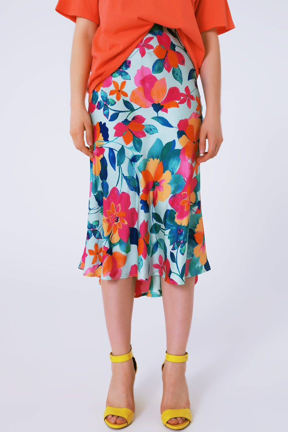 Flower Print Pleated Midi Skirt in White