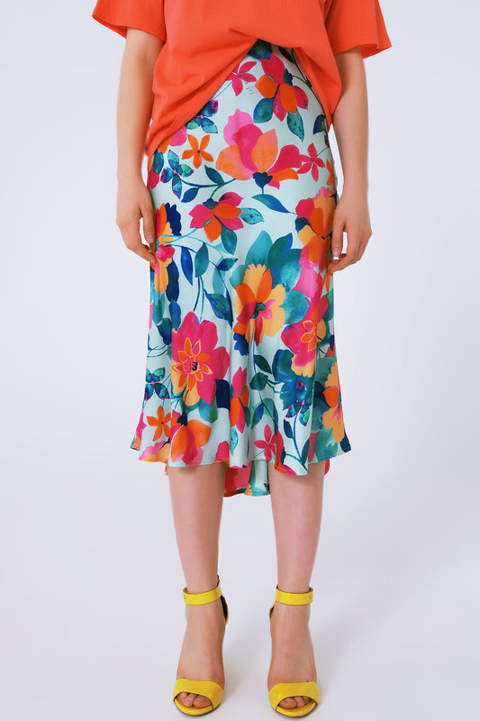 Flower Print Pleated Midi Skirt in White