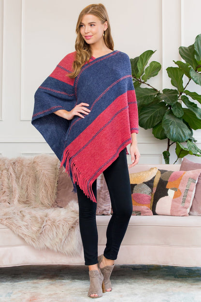 Red Blue Two Tone Chain Print Fringe Poncho