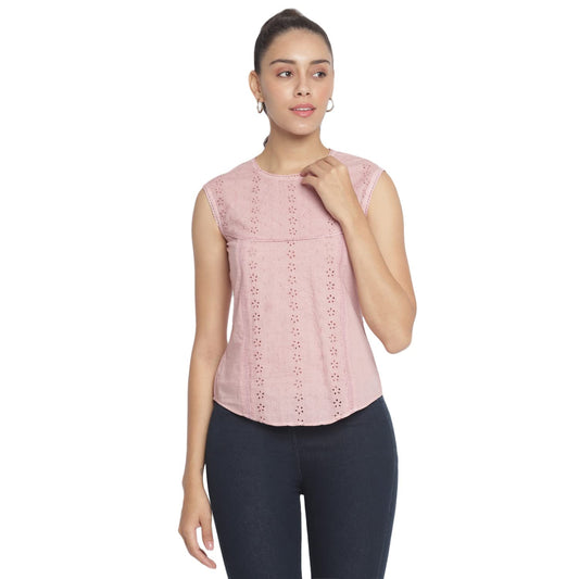 Marc Loire Women's Pure Cotton Sleevless Laced Schiffli Casual Regular Fit Top