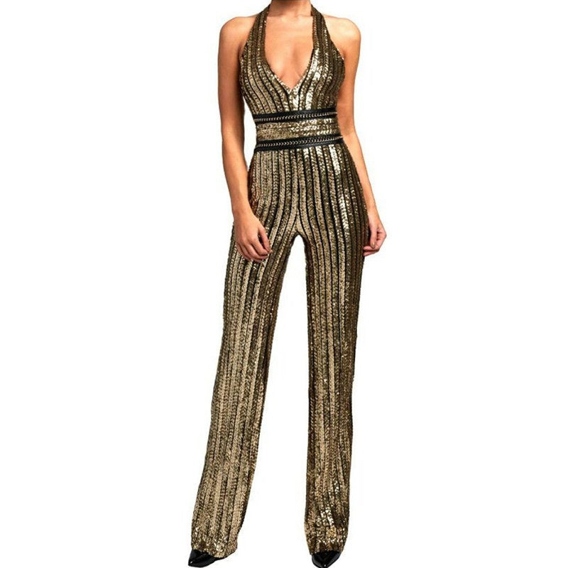 Gold Sequin Striped Jumpsuit