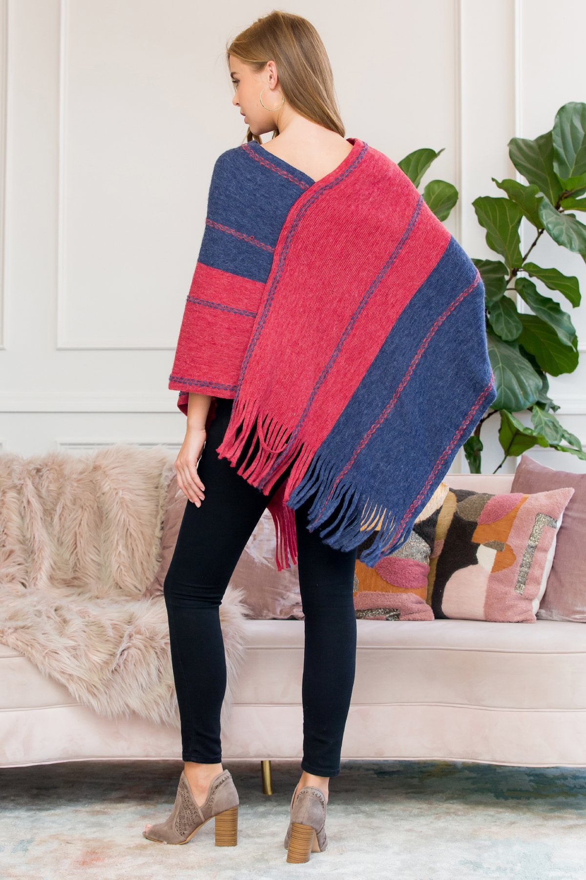 Red Blue Two Tone Chain Print Fringe Poncho