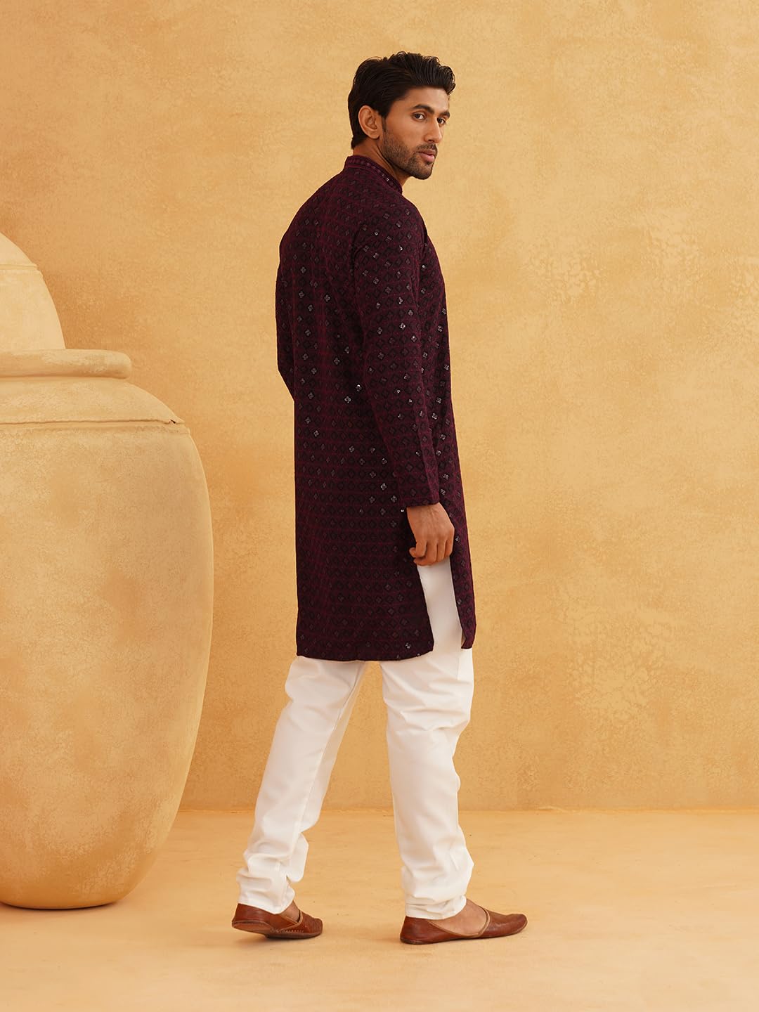 SOJANYA (Since 1958 Men's Cotton Contrast Embroidered Sequinned Long Kurta