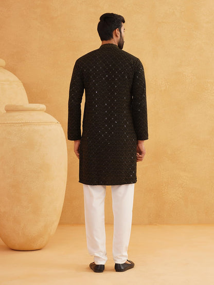 SOJANYA (Since 1958 Men's Cotton Contrast Embroidered Sequinned Long Kurta