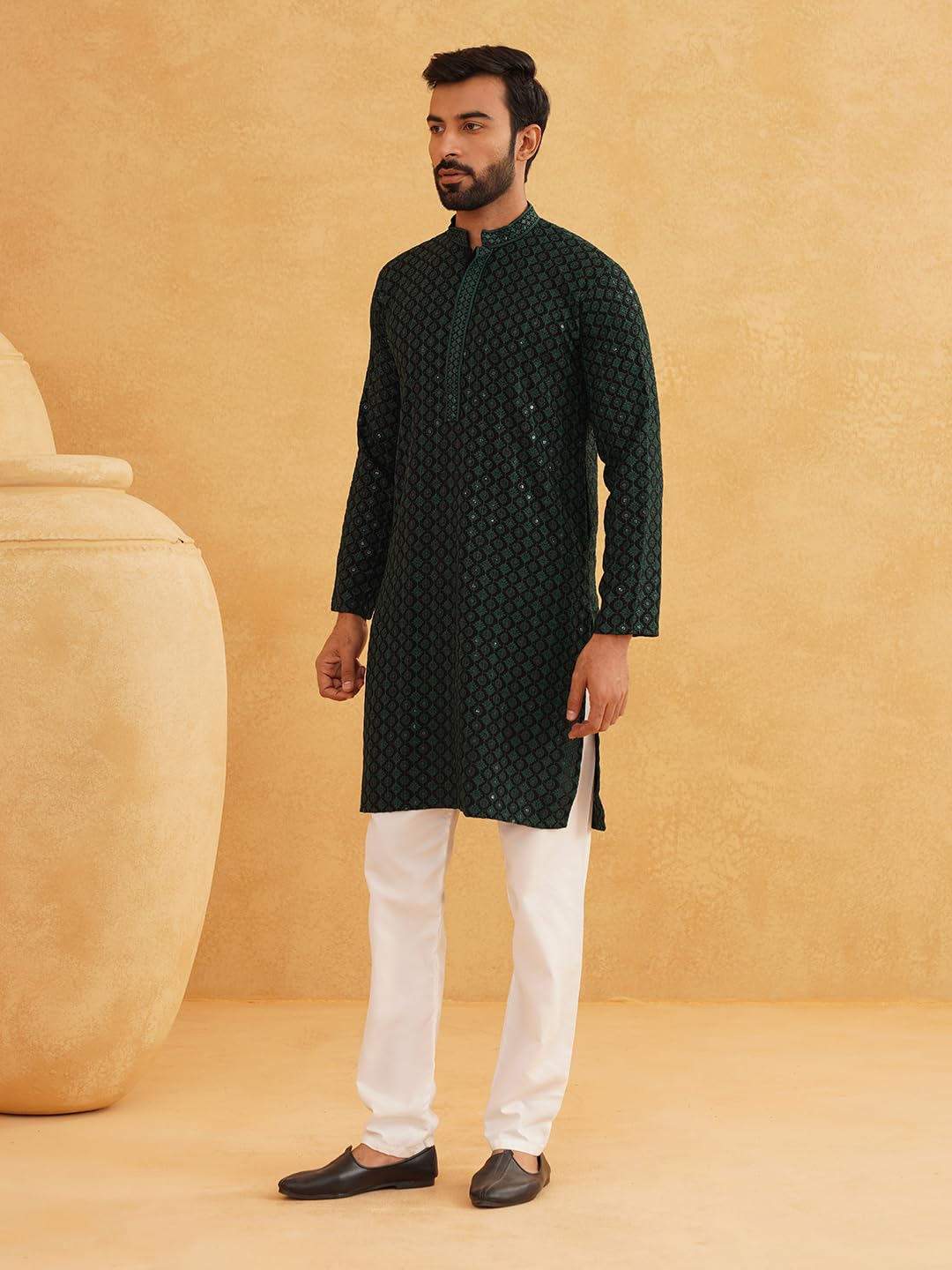 SOJANYA (Since 1958 Men's Cotton Contrast Embroidered Sequinned Long Kurta