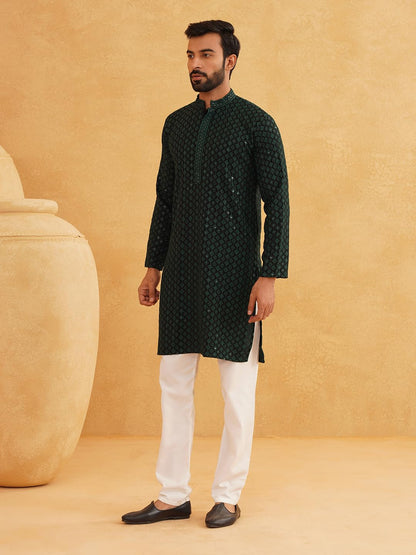 SOJANYA (Since 1958 Men's Cotton Contrast Embroidered Sequinned Long Kurta