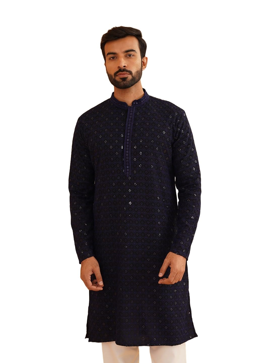SOJANYA (Since 1958 Men's Cotton Contrast Embroidered Sequinned Long Kurta