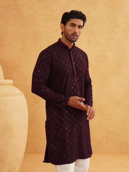 SOJANYA (Since 1958 Men's Cotton Contrast Embroidered Sequinned Long Kurta