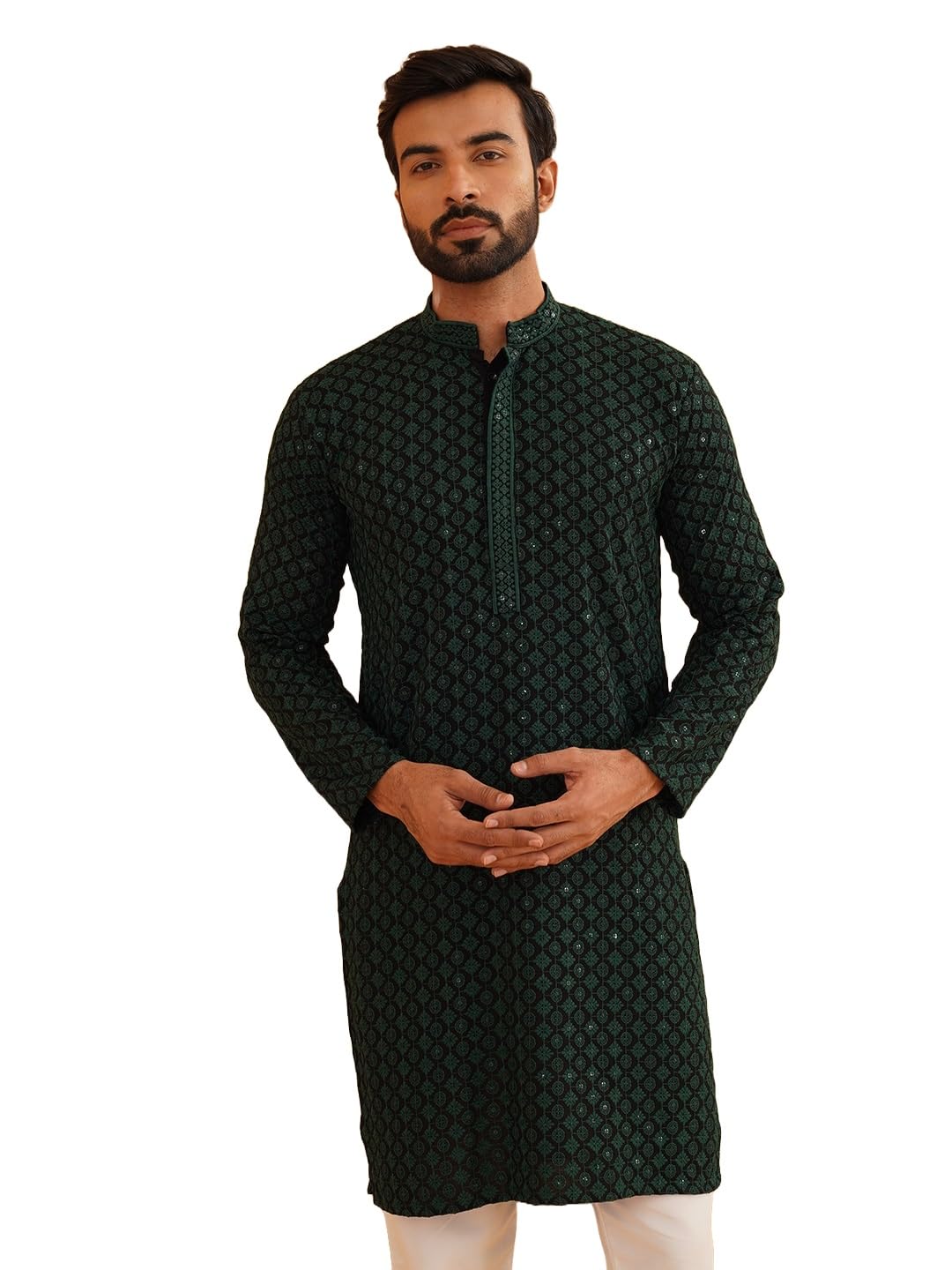 SOJANYA (Since 1958 Men's Cotton Contrast Embroidered Sequinned Long Kurta