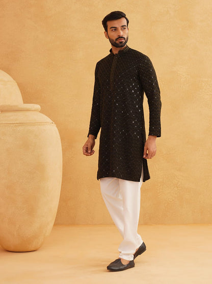 SOJANYA (Since 1958 Men's Cotton Contrast Embroidered Sequinned Long Kurta