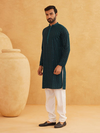 SOJANYA (Since 1958 Men's Cotton Contrast Embroidered Sequinned Long Kurta