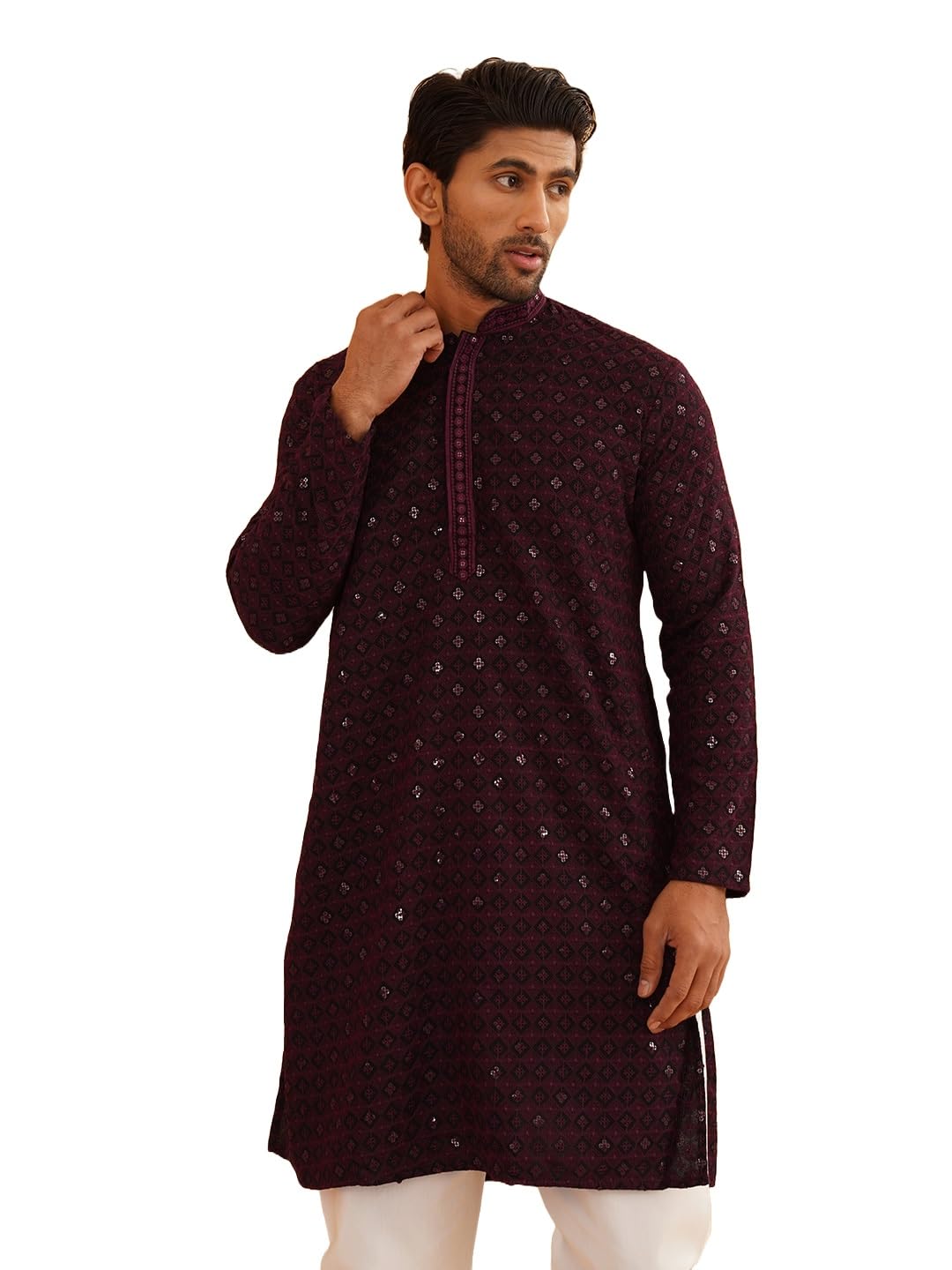 SOJANYA (Since 1958 Men's Cotton Contrast Embroidered Sequinned Long Kurta