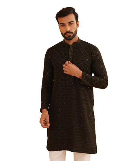 SOJANYA (Since 1958 Men's Cotton Contrast Embroidered Sequinned Long Kurta