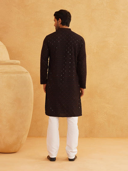 SOJANYA (Since 1958 Men's Cotton Contrast Embroidered Sequinned Long Kurta