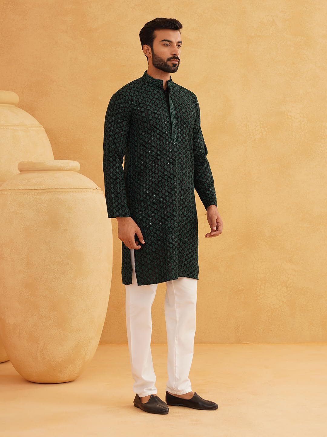 SOJANYA (Since 1958 Men's Cotton Contrast Embroidered Sequinned Long Kurta