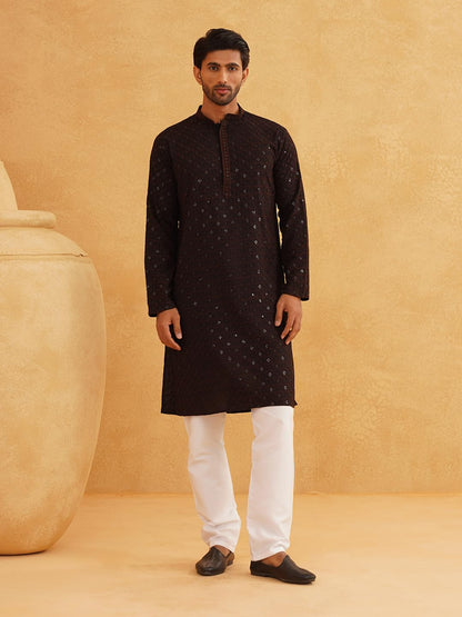 SOJANYA (Since 1958 Men's Cotton Contrast Embroidered Sequinned Long Kurta