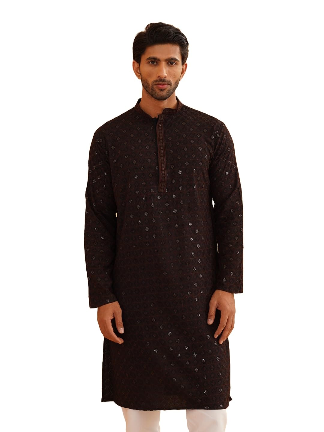 SOJANYA (Since 1958 Men's Cotton Contrast Embroidered Sequinned Long Kurta