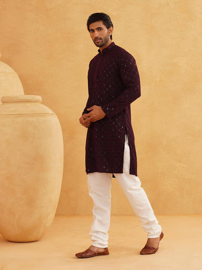 SOJANYA (Since 1958 Men's Cotton Contrast Embroidered Sequinned Long Kurta