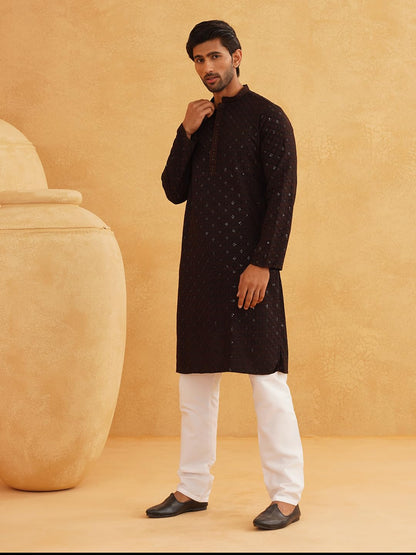 SOJANYA (Since 1958 Men's Cotton Contrast Embroidered Sequinned Long Kurta