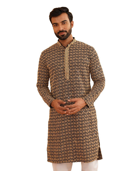 SOJANYA (Since 1958 Men's Cotton Contrast Embroidered Sequinned Long Kurta