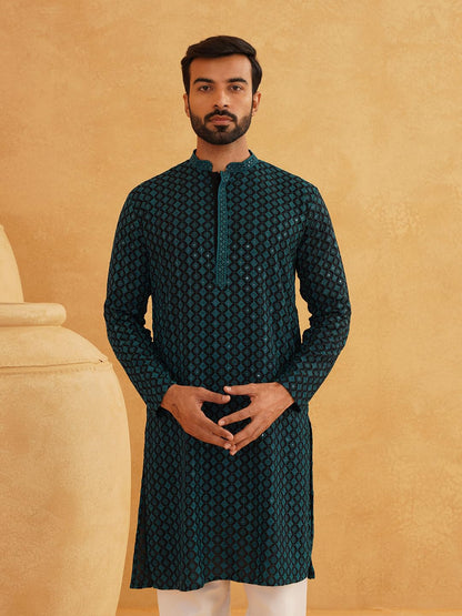 SOJANYA (Since 1958 Men's Cotton Contrast Embroidered Sequinned Long Kurta