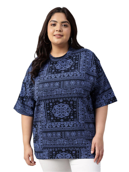 JUNEBERRY® 100% Pure Cotton Oversized Baggy Fit Stylish Paisley Bandana Print Half Sleeve Plus Size T-Shirt for Women & Girls (Sizes: 2XL to 5XL)