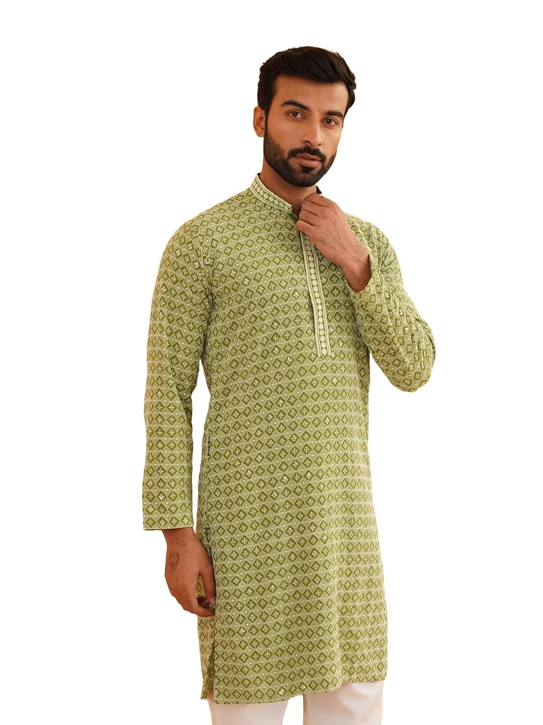 SOJANYA (Since 1958 Men's Cotton Contrast Embroidered Sequinned Long Kurta