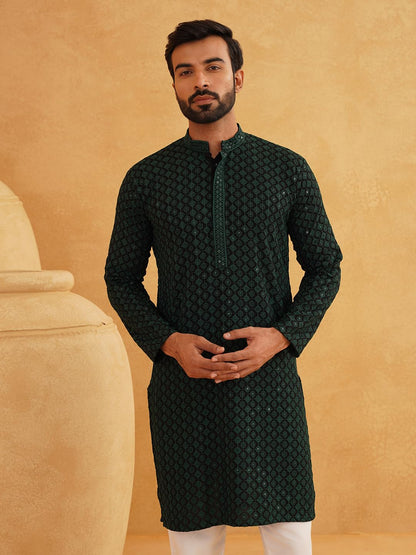 SOJANYA (Since 1958 Men's Cotton Contrast Embroidered Sequinned Long Kurta