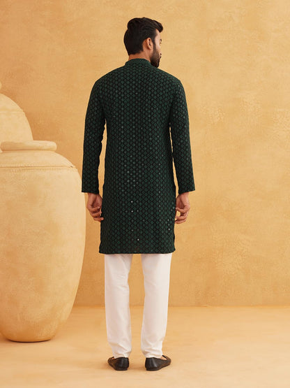 SOJANYA (Since 1958 Men's Cotton Contrast Embroidered Sequinned Long Kurta