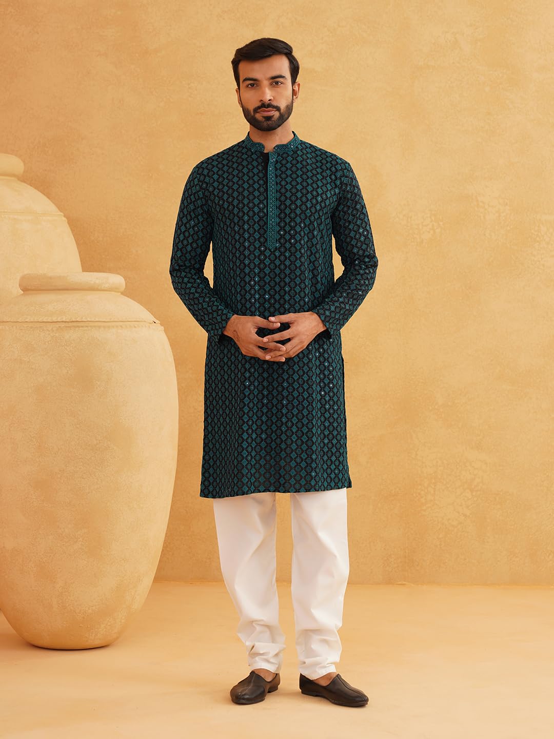 SOJANYA (Since 1958 Men's Cotton Contrast Embroidered Sequinned Long Kurta