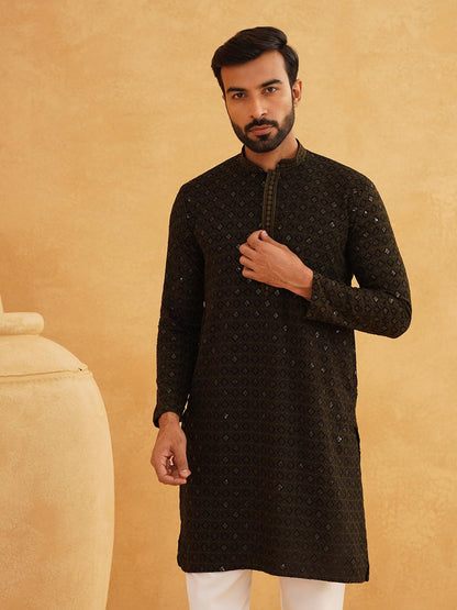 SOJANYA (Since 1958 Men's Cotton Contrast Embroidered Sequinned Long Kurta