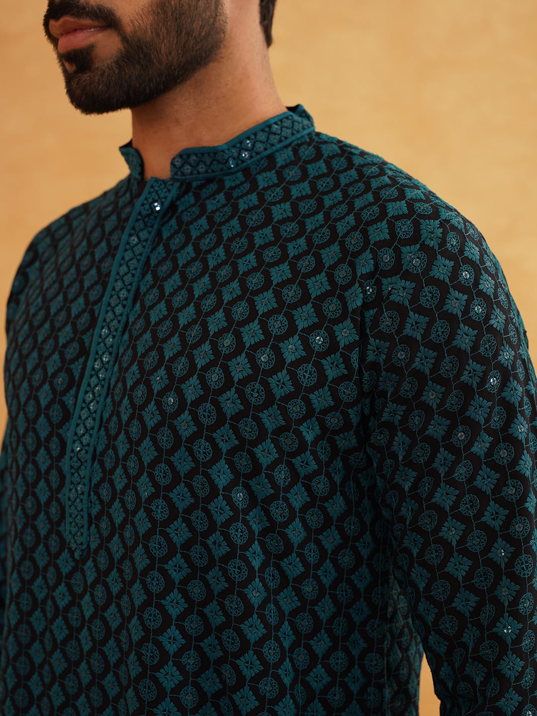SOJANYA (Since 1958 Men's Cotton Contrast Embroidered Sequinned Long Kurta