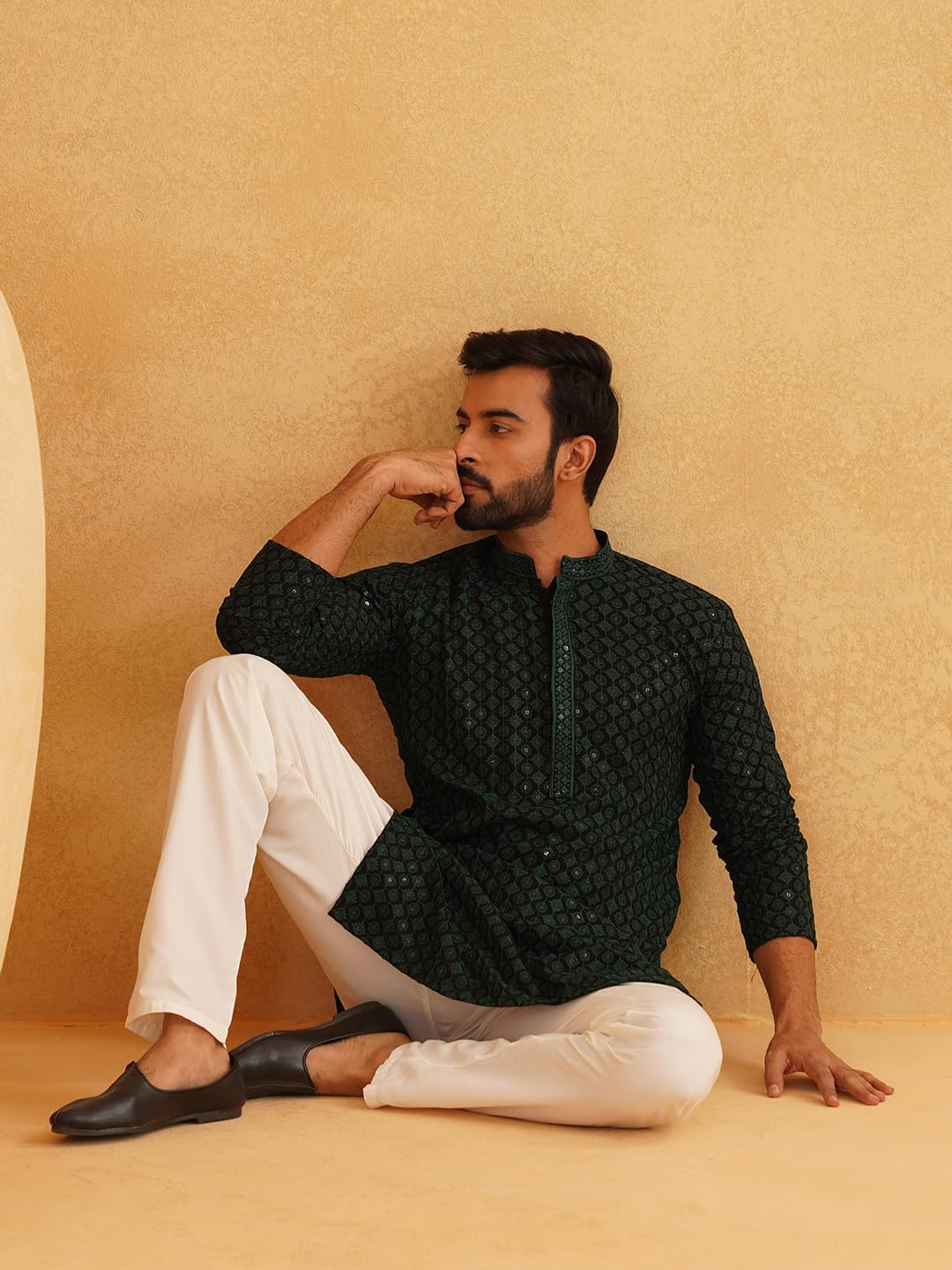 SOJANYA (Since 1958 Men's Cotton Contrast Embroidered Sequinned Long Kurta