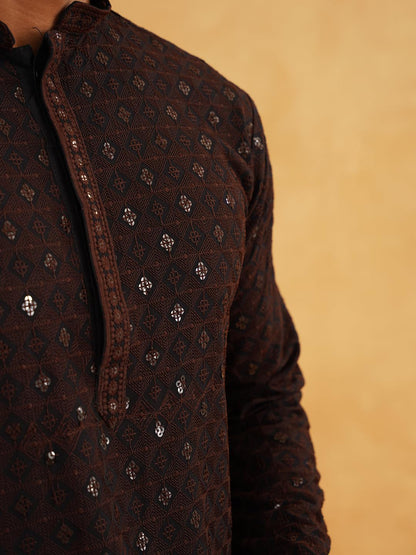SOJANYA (Since 1958 Men's Cotton Contrast Embroidered Sequinned Long Kurta