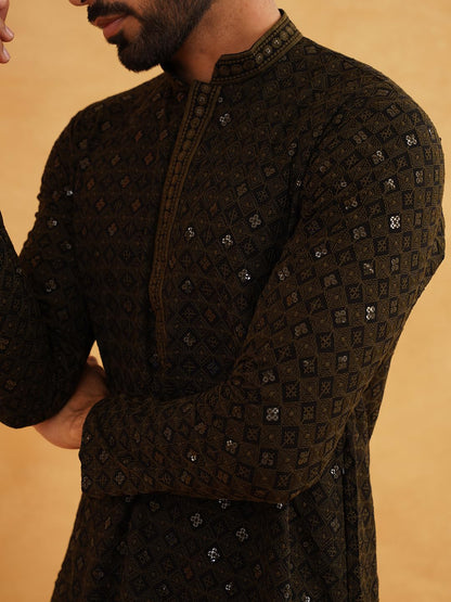 SOJANYA (Since 1958 Men's Cotton Contrast Embroidered Sequinned Long Kurta