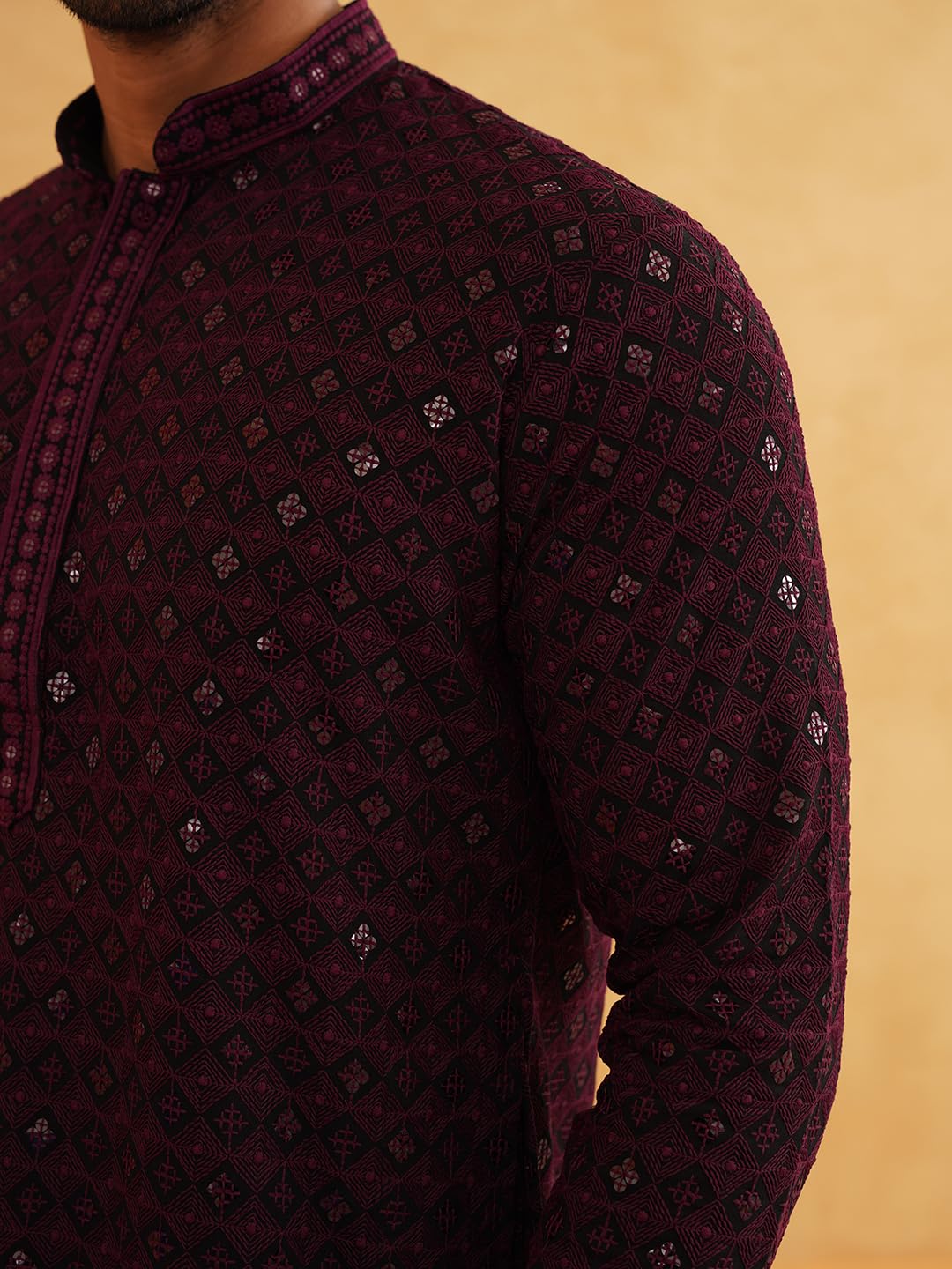 SOJANYA (Since 1958 Men's Cotton Contrast Embroidered Sequinned Long Kurta