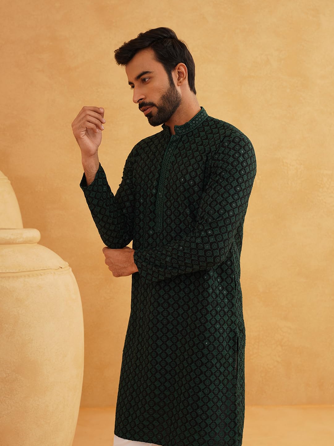 SOJANYA (Since 1958 Men's Cotton Contrast Embroidered Sequinned Long Kurta