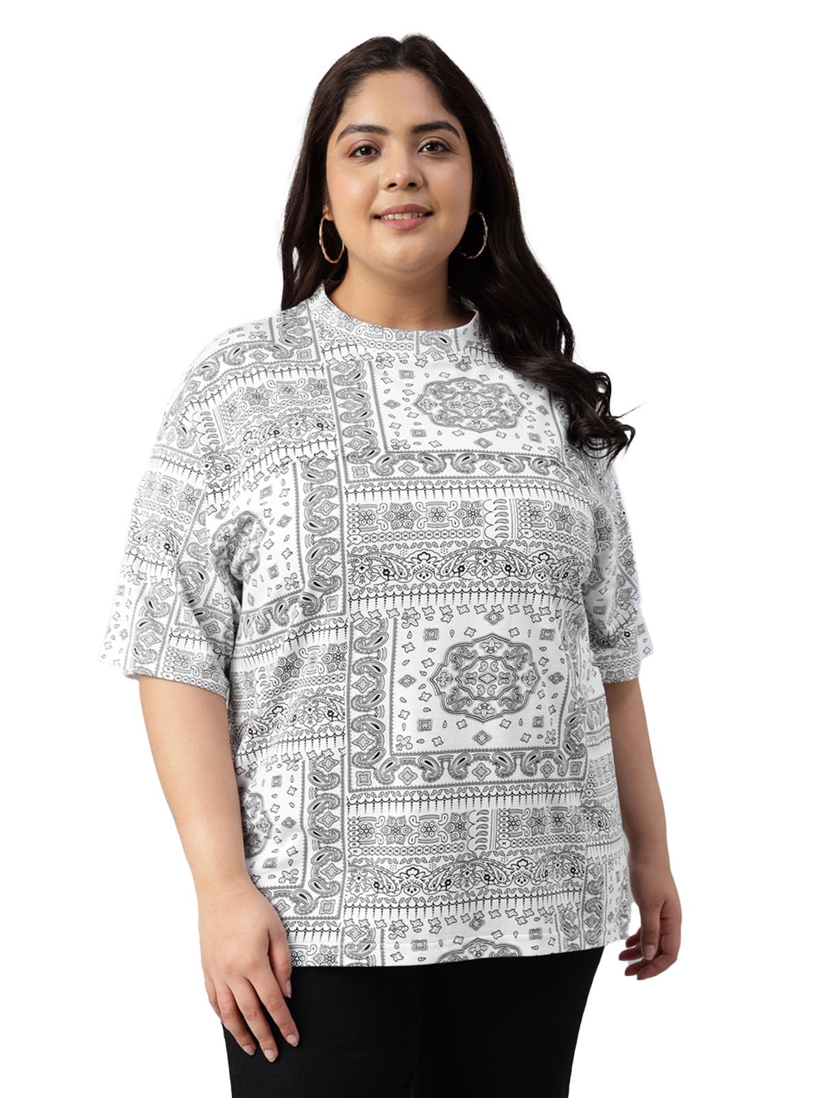 JUNEBERRY® 100% Pure Cotton Oversized Baggy Fit Stylish Paisley Bandana Print Half Sleeve Plus Size T-Shirt for Women & Girls (Sizes: 2XL to 5XL)