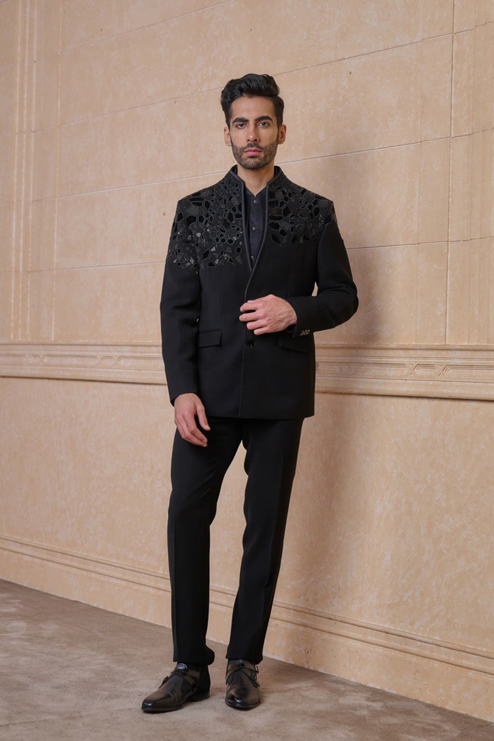ABFRL-Black Dinner Jacket With Placement Applique Embroidery