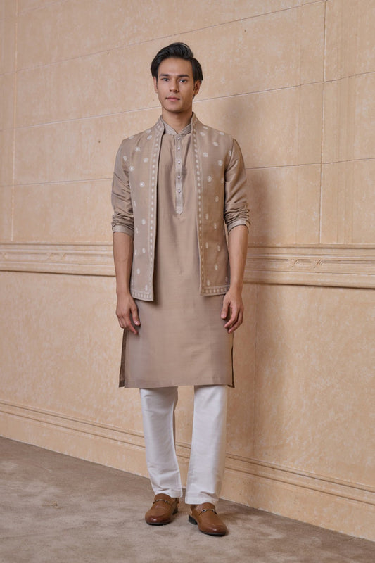 ABFRL 2-Beige All Over Embroidered Kurta Bundi Set