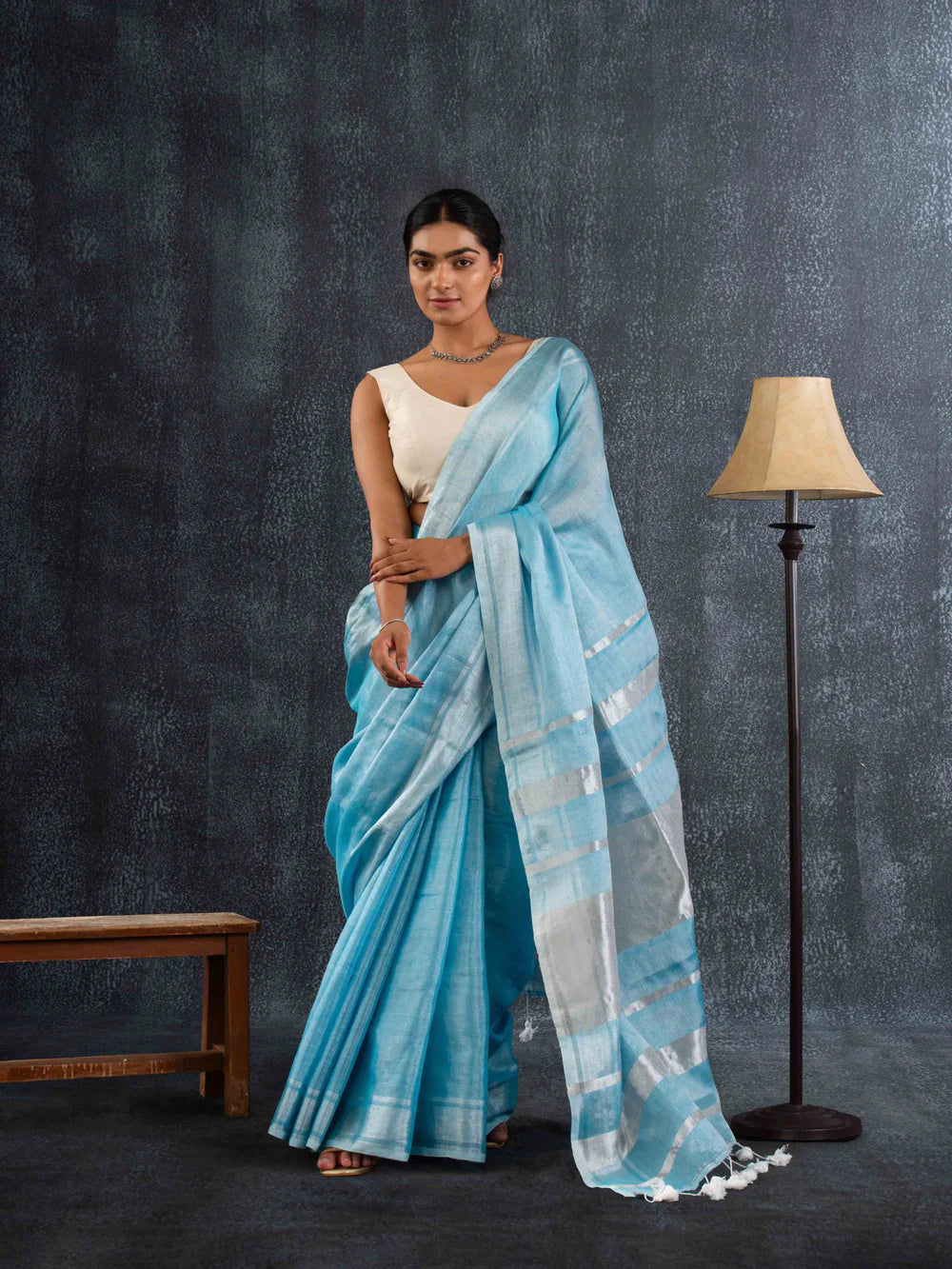 Magga - Airy Tissue Linen Striped Saree in Powder Blue