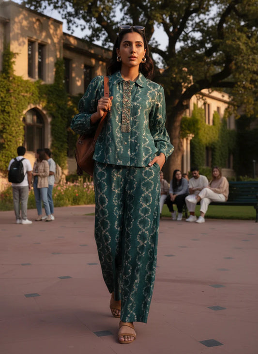 BulBul - Aneri Teal Modal Chanderi Co-Ord Set with Handcrafted Pearl, Dabka and Threadwork Neck Placket