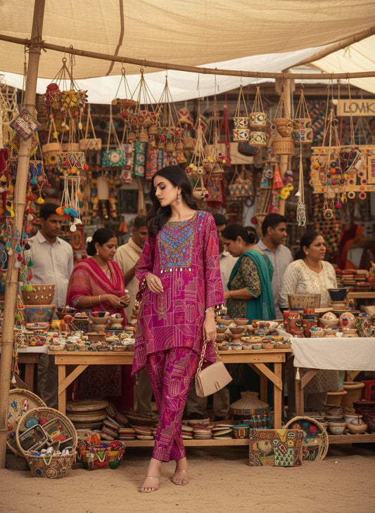 BulBul - Ashka Fuchsia Modal Chanderi Ethnic Co-Ord Set with Hand Mirror Embroidery and Coin Shell Embellishment